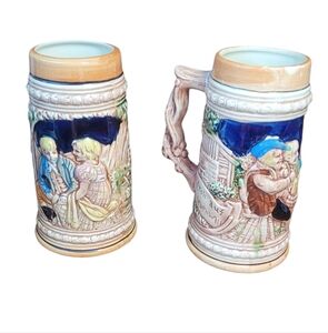 Vintage Ceramic Beer Stein with Blue and Tan Design